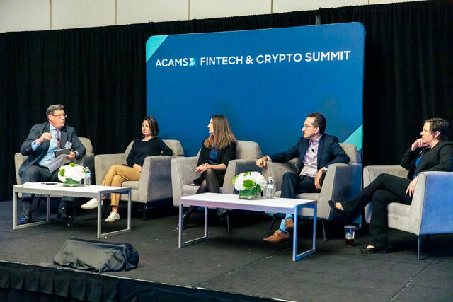 FinTech Conference Recap Photo - Five panel speakers discussing a topic
