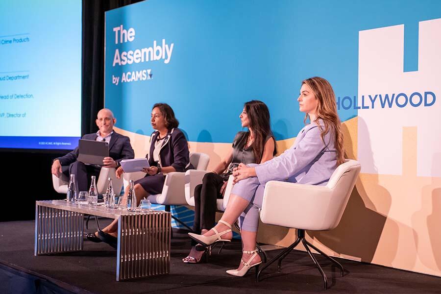 Four experts speaking in front of ACAMS Hollywood attendees