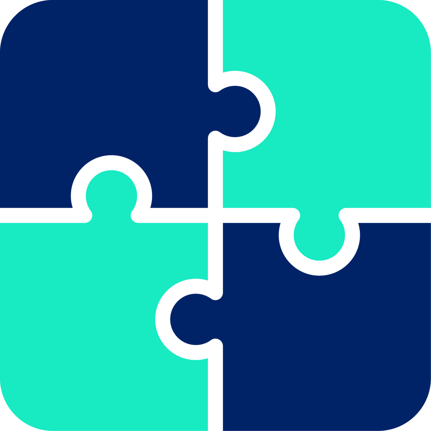 A puzzle piece featuring four segments in shades of blue and green, symbolizing unity and connection.