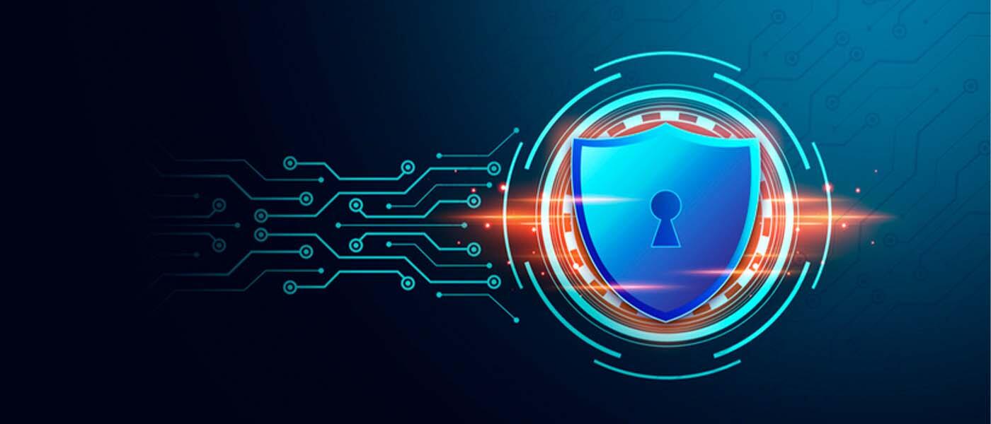 Cybersecurity shield with keyhole amid digital circuits, symbolizing data protection