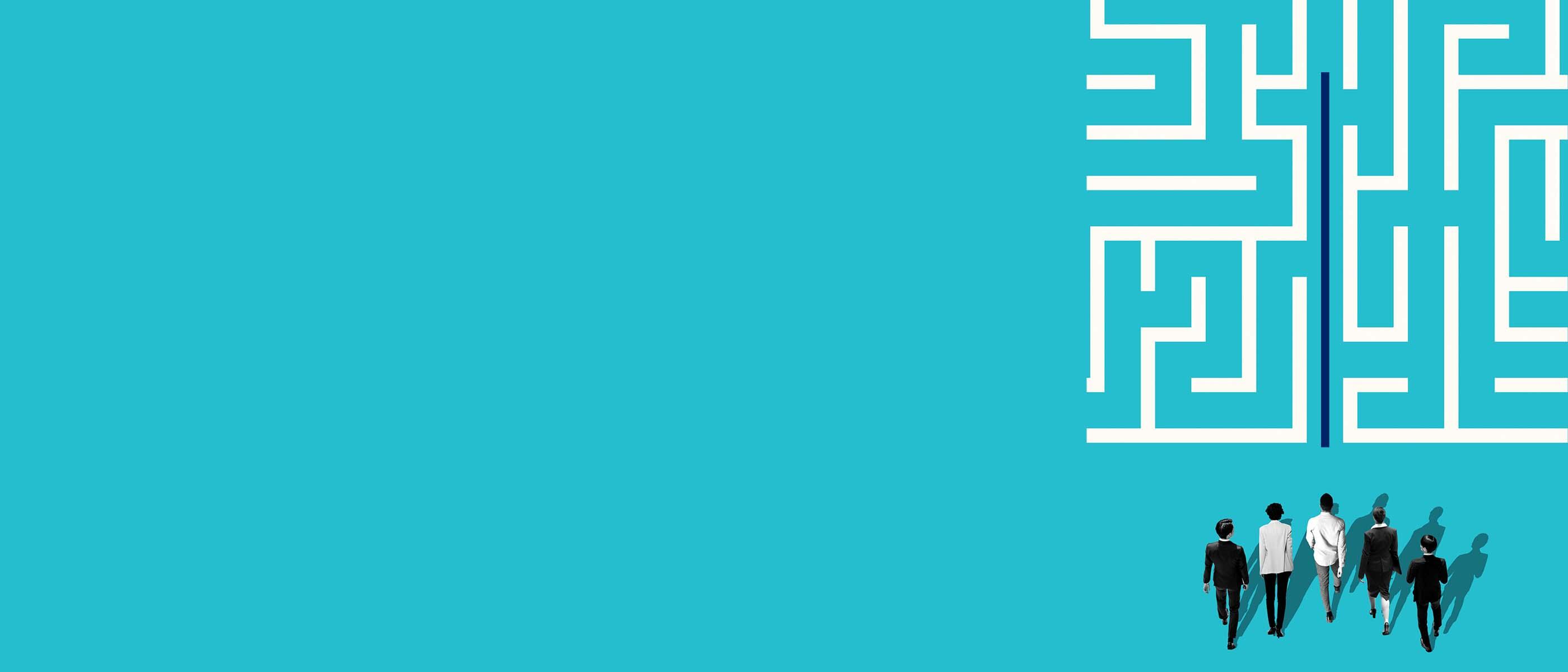 A group of individuals stands before a maze, set against a vibrant blue background, contemplating their next move.