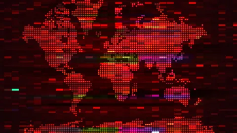 Digital world map made of red and orange data points, representing global data flows and cross-border connectivity. 